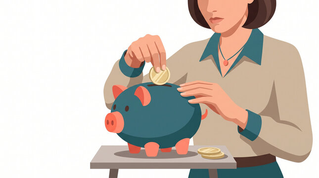 Woman depositing coins into a piggy bank at home  