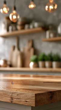 Rustic wooden kitchen countertop with blurred background featuring hanging lights, shelves with cutting boards and potted plants creating a cozy atmosphere