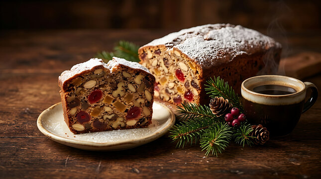 Sliced Christmas Fruitcake on Ceramic Plate with Hot Coffee and Pine Sprigs