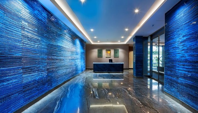 modern reception area with illuminated blue marble walls and polished floor