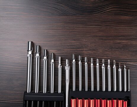 row of various sizes screwdrivers and socket hand tools for repair and maintenance
