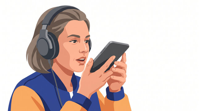 Young woman using smartphone to learn a new language with headphones  