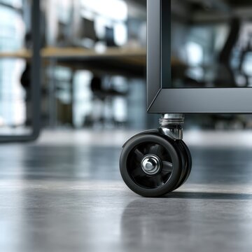 Modern office furniture caster wheel in sharp focus on polished floor with blurred background of workstations and computers in open workspace environment