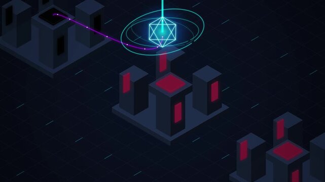 Isometric illustration of a futuristic data center server node processing secure information with glowing futuristic laser connections