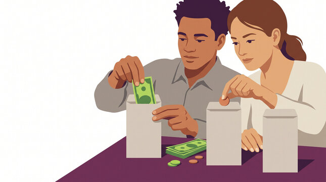 Couple budgeting finances by sorting money into boxes at home  
