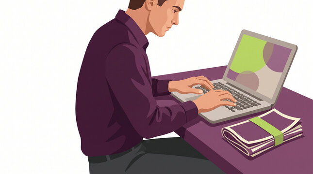 Man typing on laptop with stack of bills on desk  