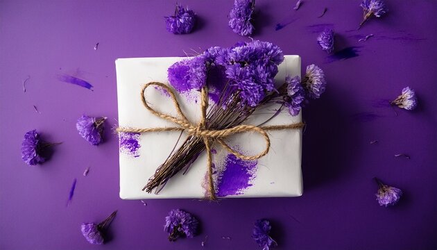 white gift box tied with burlap strings with purple abstract smudge paint and deep purple buds on the purple backdrop