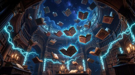 Obraz premium Magical fantasy library with flying books under starry night sky. Glowing runes, blue lightning bolts swirl through ancient halls. Enchanted books float in air amidst mystical light, cosmic energy.