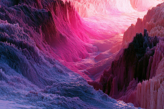 Isometric voxel landscape reveals deep pink canyon with purple mineral textures.