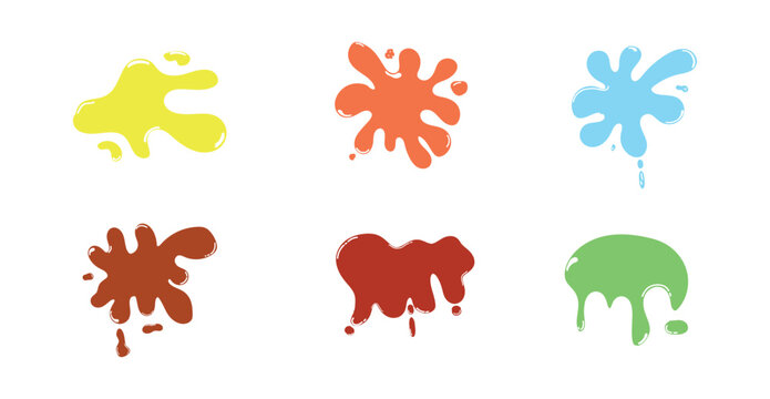 Colorful paint splatter and ink splash shapes in varied organic forms. Abstract liquid blobs with scattered droplets and irregular edges.