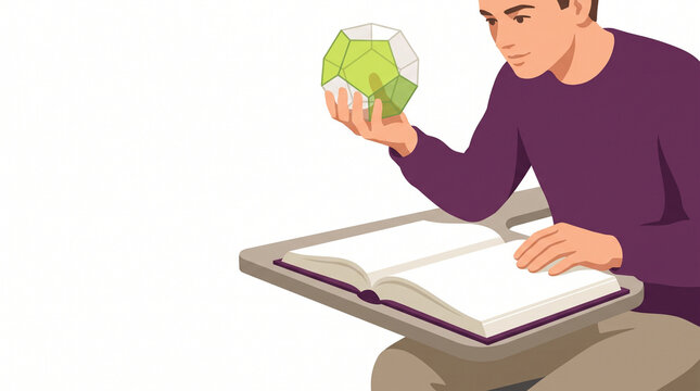 Male student studying geometry with a book and model in hand  