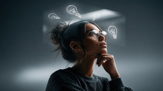 Thoughtful woman with glasses having creative ideas symbolized by glowing light bulbs around her head in a dark, moody setting