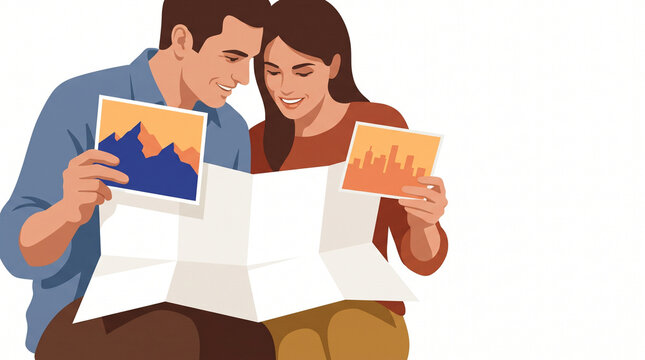 Couple planning travel while looking at a map and pictures together  