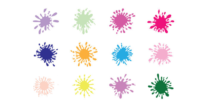 Colorful Ink Splash and Paint Splatter Vector Set. Includes abstract splashes, droplets, spots, speckles, and artistic brush marks. Useful for backgrounds, print designs, advertisements.