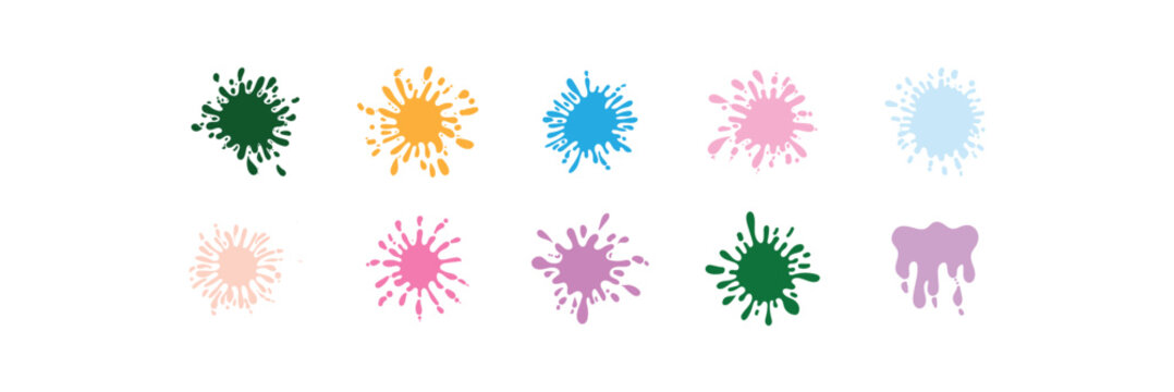 Colorful Ink Splash and Paint Splatter Vector Set. Includes abstract splashes, droplets, spots, speckles, and artistic brush marks. Useful for backgrounds, print designs, advertisements.