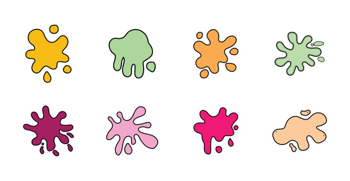 Colorful paint splatter and ink splash shapes in varied organic forms. Abstract liquid blobs with scattered droplets and irregular edges.