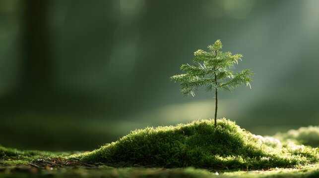 Small pine tree sapling growing on a lush green mossy mound in a softly lit forest environment symbolizing growth and renewal