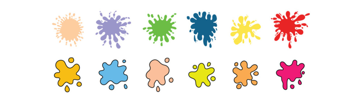 Colorful paint splatter collection and ink splash vector illustration set. Suitable for backgrounds, print designs, advertisements, branding, and decorative compositions.