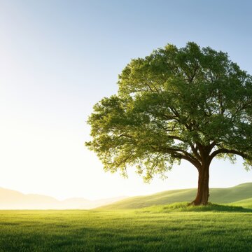 Lone lush green tree standing on sunlit grassy hill with rolling landscape and clear blue sky in serene countryside setting