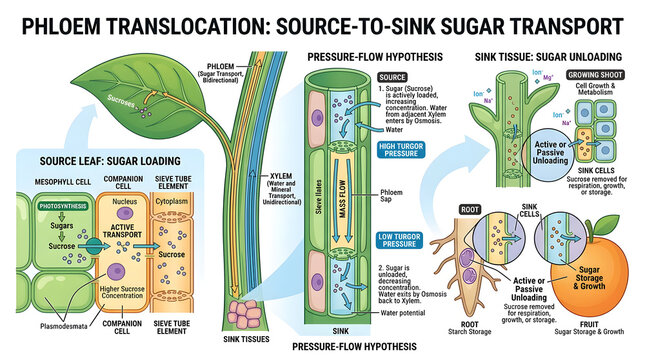 Scientific diagram of phloem translocation explaining source to sink sugar