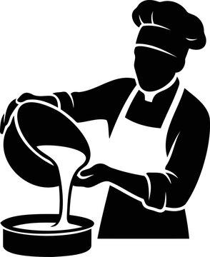Professional chef pouring liquid batter into baking pan silhouette vector graphic icon design.