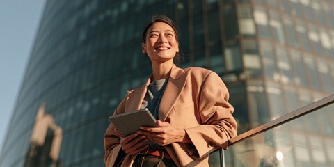 Obraz premium Confident businesswoman holding tablet on an urban balcony with modern glass skyscraper in sunlight for corporate banner background and professional website header