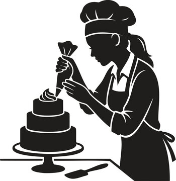 Woman chef decorating multi tier cake with icing bag silhouette vector illustration graphic.