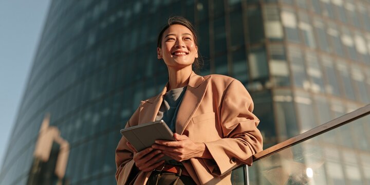 Confident businesswoman holding tablet on an urban balcony with modern glass skyscraper in sunlight for corporate banner background and professional website header