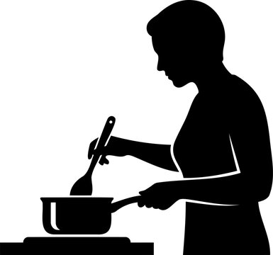 Woman silhouette cooking with saucepan and spoon on stove during healthy meal preparation.