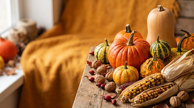 Collection of autumn harvest produce, including pumpkins, gourds, corn and nuts, symbolizing fall abundance and seasonality