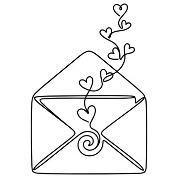 Continuous line drawing of open envelope with hearts