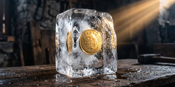 Shiny gold coin frozen inside a clear ice cube on a rough wooden surface, symbolizing frozen assets, financial stability, and long-term investment.