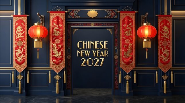 Chinese new year 2027 doorway decoration with red banners and lanterns.