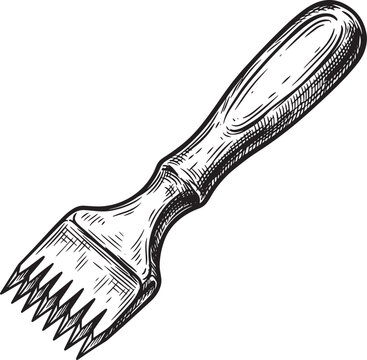 Vintage style drawing of a meat tenderizer tool with a wooden handle and metal spiked head for preparing steaks and cooking delicious food in the kitchen