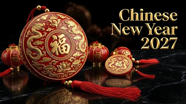 Red and gold chinese new year ornaments with dragon motifs and fu character.