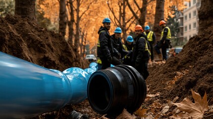 Obraz premium Construction workers wearing safety helmets installing large blue underground pipes along a trench during autumn in an urban area with fallen leaves and buildin