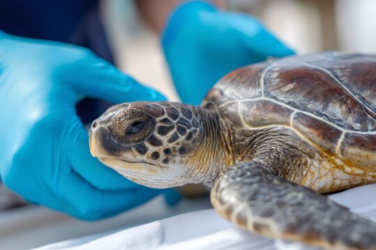 Veterinarian examining a rescued sea turtle. Close-up of a marine animal checkup by a professional in blue gloves