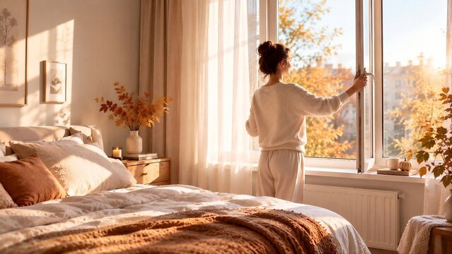 Woman Opening Window in Bright Cozy Bedroom on Fresh Autumn Morning, Golden Sunlight and Peaceful Healthy Morning Routine