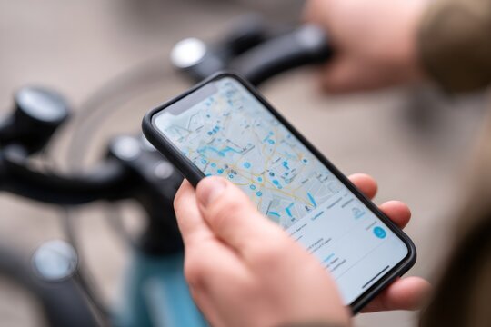 Hands holding smartphone with map navigation app on bicycle handlebar. Bike rental service concept