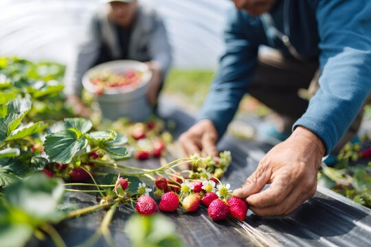 Farmer hands harvesting ripe strawberries in a greenhouse. Organic agriculture and farming concept