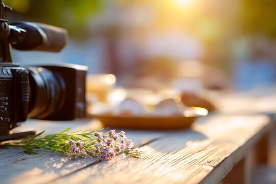 Professional cinema camera on wooden table with flowers. Video production equipment outdoors at sunset. Filmmaking background
