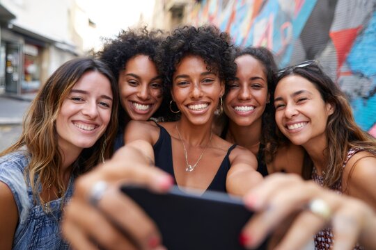 Group of diverse young women taking a selfie outdoors. Happy Gen Z friends smiling at smartphone camera in urban setting