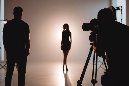 Silhouette of a fashion photographer and team shooting a model in a studio. Professional photo session with dramatic backlighting