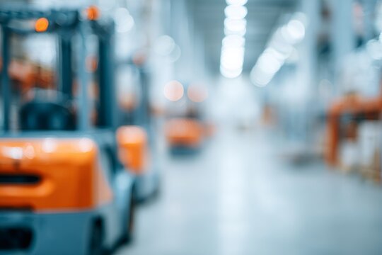 Abstract blurred warehouse background with orange forklifts. Defocused industrial logistics interior