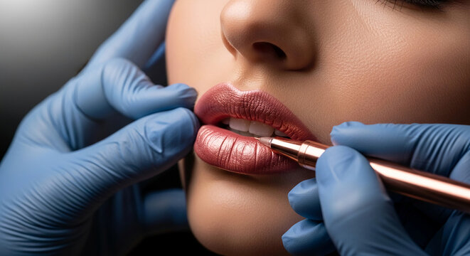Close-up of lips receiving permanent makeup application, symbolizing beauty enhancement and self-care procedures.