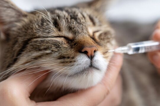 Close-up of a tabby cat receiving a vaccination injection from a veterinarian. Pet healthcare and immunization concept