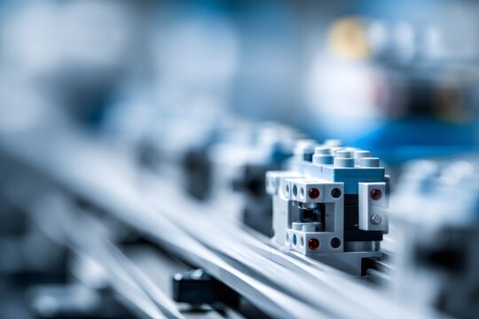 Modular plastic component on automated production line. Industrial manufacturing machinery detail