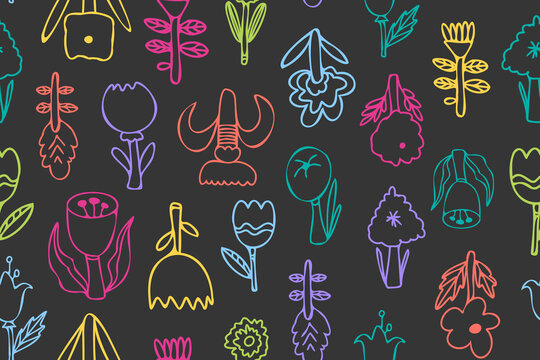 Colorful hand-drawn floral seamless pattern with playful flowers, leaves and botanical doodles. Perfect for fabric, wallpaper, packaging and stationery.