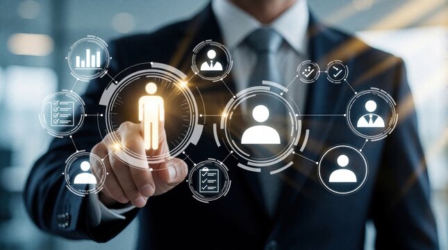 Businessman touches glowing digital interface to manage human resources. Corporate leader selects employee profiles from futuristic recruitment software. Manager uses virtual dashboard for talent