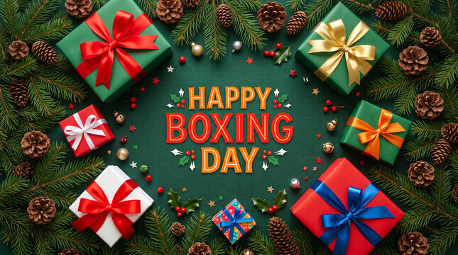Happy boxing day greeting card with gift boxes, pine branches, and pinecones on a dark green textured background, top view